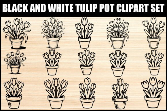Black and White Tulip Pot Clipart: Graphics & Illustrations