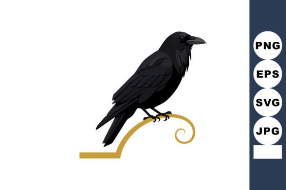 Black Raven Perched on Ornamental Golden Graphics