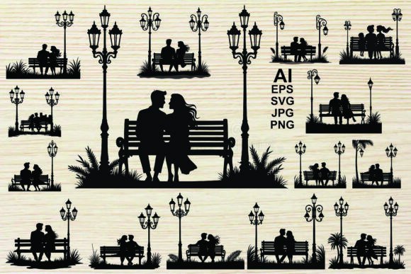 Couple Silhouette on a Park Bundle: Graphics & Illustrations