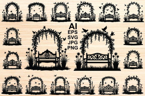 Garden Bench Vector Silhouette Set: Illustrations & Graphics