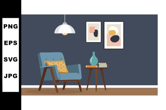 Modern Blue Armchair with Yellow Pillow Graphics