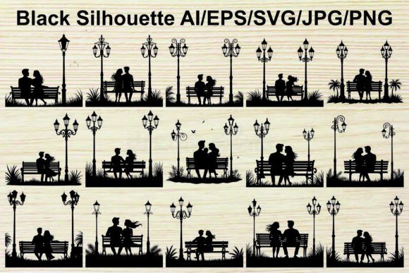 Park Bench Couple Silhouettes Collection: Graphics & Illustrations