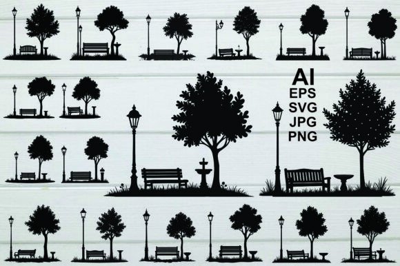 Park Silhouette Set Vector: Graphics & Illustrations for Sellers