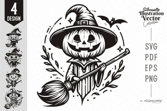 Pumpkin Head Witch Silhouette Graphics