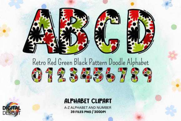 Retro Red Green Black Doodle Alphabet: Graphics & Illustrations