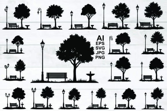 Set of Park Scene Silhouettes Vector: Graphics & Illustrations