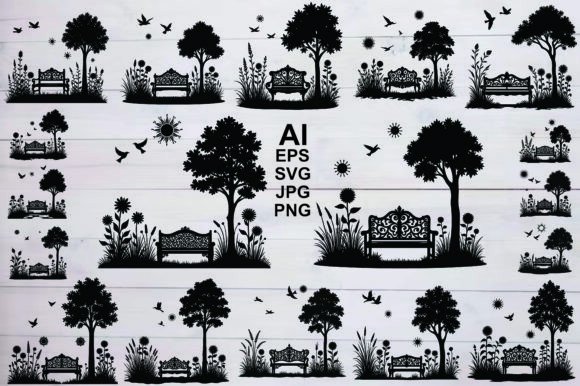 Silhouette Garden Scenes Benches Trees Graphics