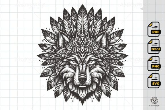 Tribal Wolf Head Line Art Graphics & Illustrations