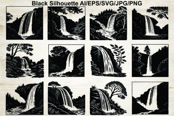 Waterfall Mountain Landscape Silhouette Graphics